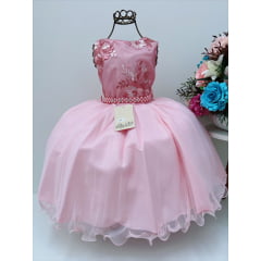 Vestido Infantil Rosa Renda de Luxo Princesas Festas (Renda do busto pode ter variação)