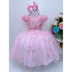 Vestido Infantil Rosa Renda e Borboletas Dama Princesa