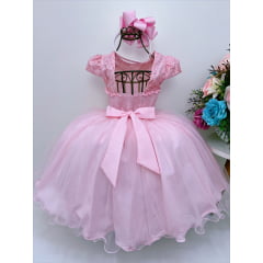 Vestido Infantil Rosa Renda e Borboletas Dama Princesa