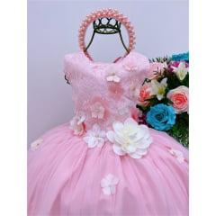 Vestido Infantil Rosa Rendado Luxo C/ Flores em Aplique