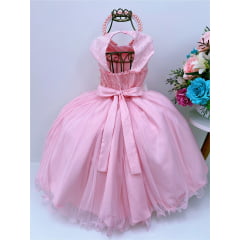 Vestido Infantil Rosa Rendado Luxo C/ Flores em Aplique