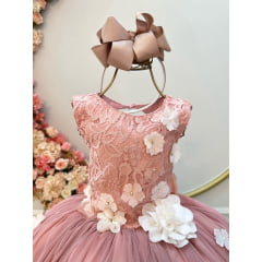 Vestido Infantil Rose C/ Renda e Aplique de Flores Damas