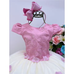 Vestido Infantil Rose e Off Aplique Flores Renda Luxo