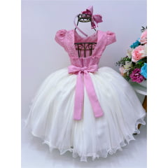 Vestido Infantil Rose e Off Aplique Flores Renda Luxo