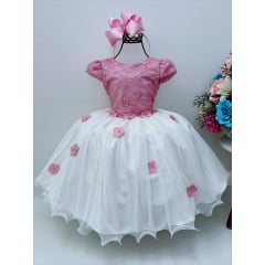 Vestido Infantil Rose e Off Aplique Flores Renda Princesas