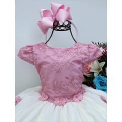 Vestido Infantil Rose e Off Aplique Flores Renda Princesas