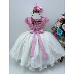 Vestido Infantil Rose e Off Aplique Flores Renda Princesas