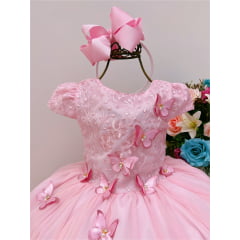 Vestido Infantil Rosa Renda C/ Borboletas Damas