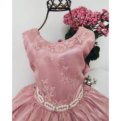 Vestido Infantil Rosê Renda de Luxo Cinto de Pérolas