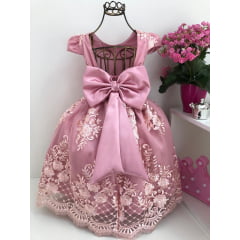 Vestido Infantil Rosê Renda de Luxo Cinto Pérola e Strass