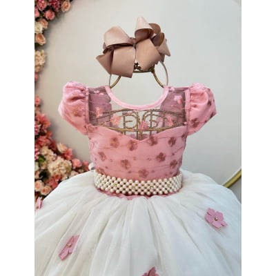 Vestido Infantil Rose Saia Off C/ Renda e Aplique Flores
