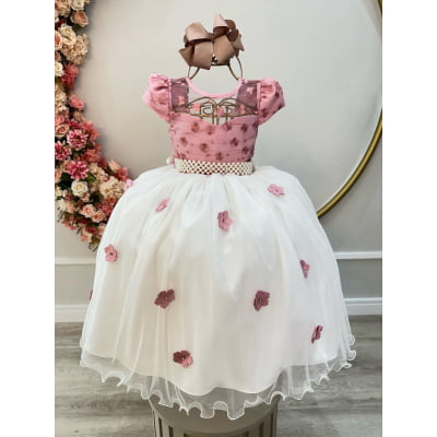 Vestido Infantil Rose Saia Off C/ Renda e Aplique Flores