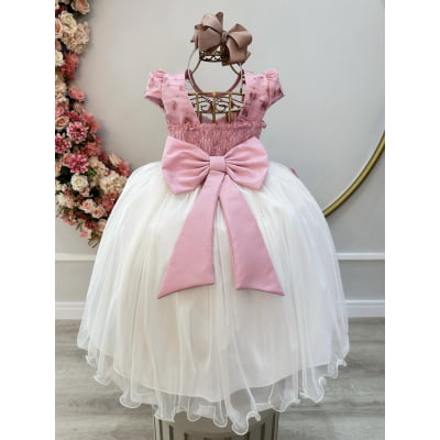 Vestido Infantil Rose Saia Off C/ Renda e Aplique Flores