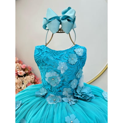 Vestido Infantil Verde C/ Renda Aplique de Flores Daminha Luxo