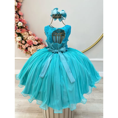 Vestido Infantil Verde C/ Renda Aplique de Flores Daminha Luxo