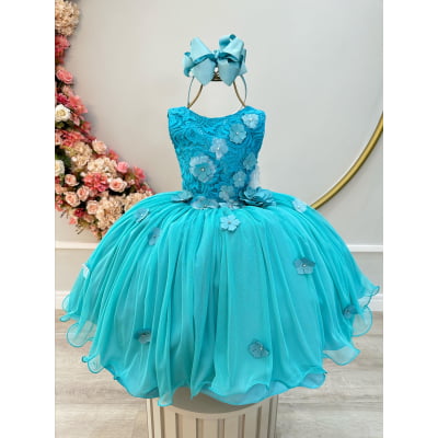 Vestido Infantil Verde C/ Renda Aplique de Flores Daminha Luxo