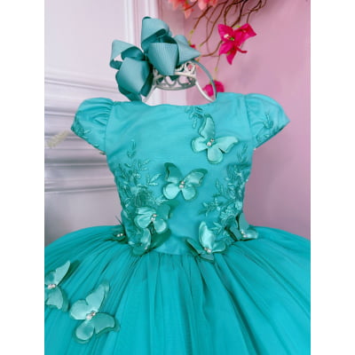 Vestido Infantil Verde C/ Renda C/ Aplique Borboletas Damas