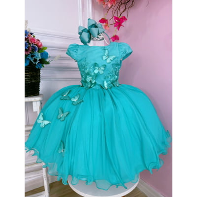 Vestido Infantil Verde C/ Renda C/ Aplique Borboletas Damas