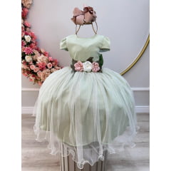 Vestido Infantil Verde Damas C/ Renda e Broche de Flores