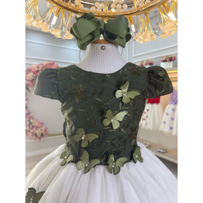 Vestido Infantil Verde Oliva Bordado Borboletas Dama Festa Luxo
