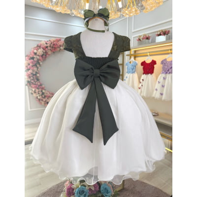Vestido Infantil Verde Oliva Bordado Borboletas Dama Festa Luxo