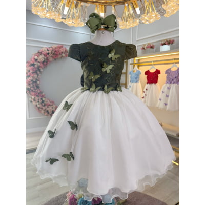 Vestido Infantil Verde Oliva Bordado Borboletas Dama Festa Luxo