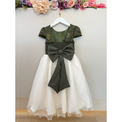 Vestido Infantil Verde Oliva Bordado Borboletas Dama Festa Luxo