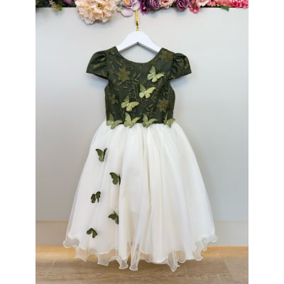 Vestido Infantil Verde Oliva Bordado Borboletas Dama Festa Luxo