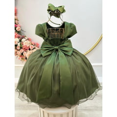 Vestido Infantil Verde Oliva Luxo Daminha Festas