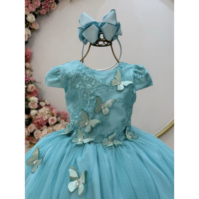 Vestido Infantil Verde Renda e Aplique Borboletas Damas Luxo