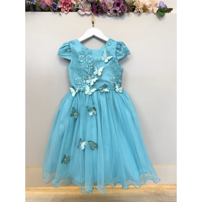 Vestido Infantil Verde Renda e Aplique Borboletas Damas Luxo