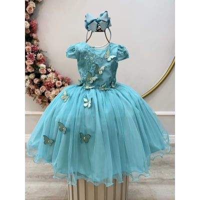 Vestido Infantil Verde Renda e Aplique Borboletas Damas Luxo