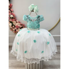 Vestido Infantil Verde Saia Off Com Aplique Flores e Renda