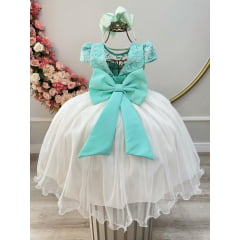 Vestido Infantil Verde Saia Off Com Aplique Flores e Renda