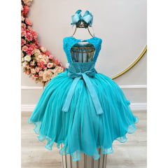 Vestido Infantil Verde Tiffany C/ Renda Aplique de Flores