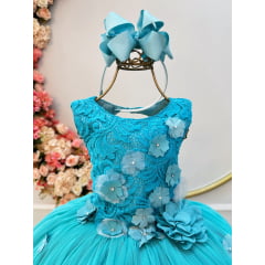 Vestido Infantil Verde Tiffany C/ Renda Aplique de Flores