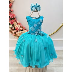 Vestido Infantil Verde Tiffany C/ Renda Aplique de Flores