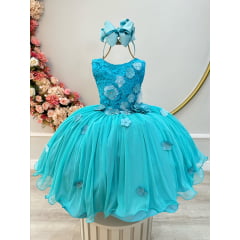 Vestido Infantil Verde Tiffany C/ Renda Aplique de Flores