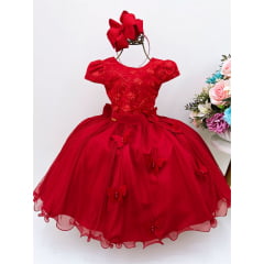 Vestido Infantil Vermelho Aplique Borboletas Laço Costas
