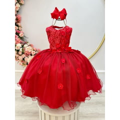 Vestido Infantil Vermelho Aplique de Flores e Renda Damas