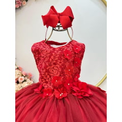 Vestido Infantil Vermelho Aplique de Flores e Renda Damas