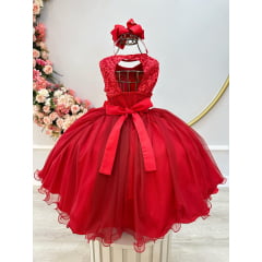 Vestido Infantil Vermelho Aplique de Flores e Renda Damas