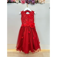 Vestido Infantil Vermelho Aplique de Flores e Renda Damas