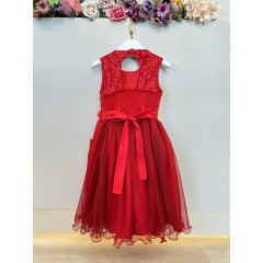 Vestido Infantil Vermelho Aplique de Flores e Renda Damas