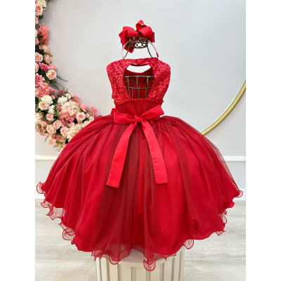 Vestido Infantil Vermelho Aplique de Flores e Renda Damas
