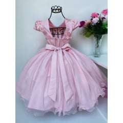 Vestido Infantil Rosa Aplique Flores Luxo Renda