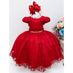Vestido Infantil Vermelho Bolinhas Cinto Strass C/ Pérolas Luxo