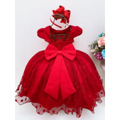Vestido Infantil Vermelho Bolinhas Cinto Strass C/ Pérolas Luxo