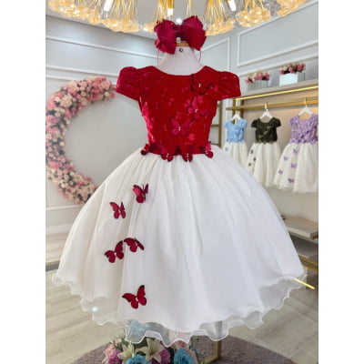 Vestido Infantil Vermelho Bordado Borboletas Dama Festa Luxo