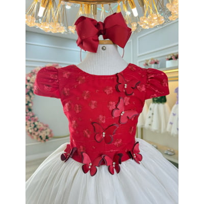 Vestido Infantil Vermelho Bordado Borboletas Dama Festa Luxo